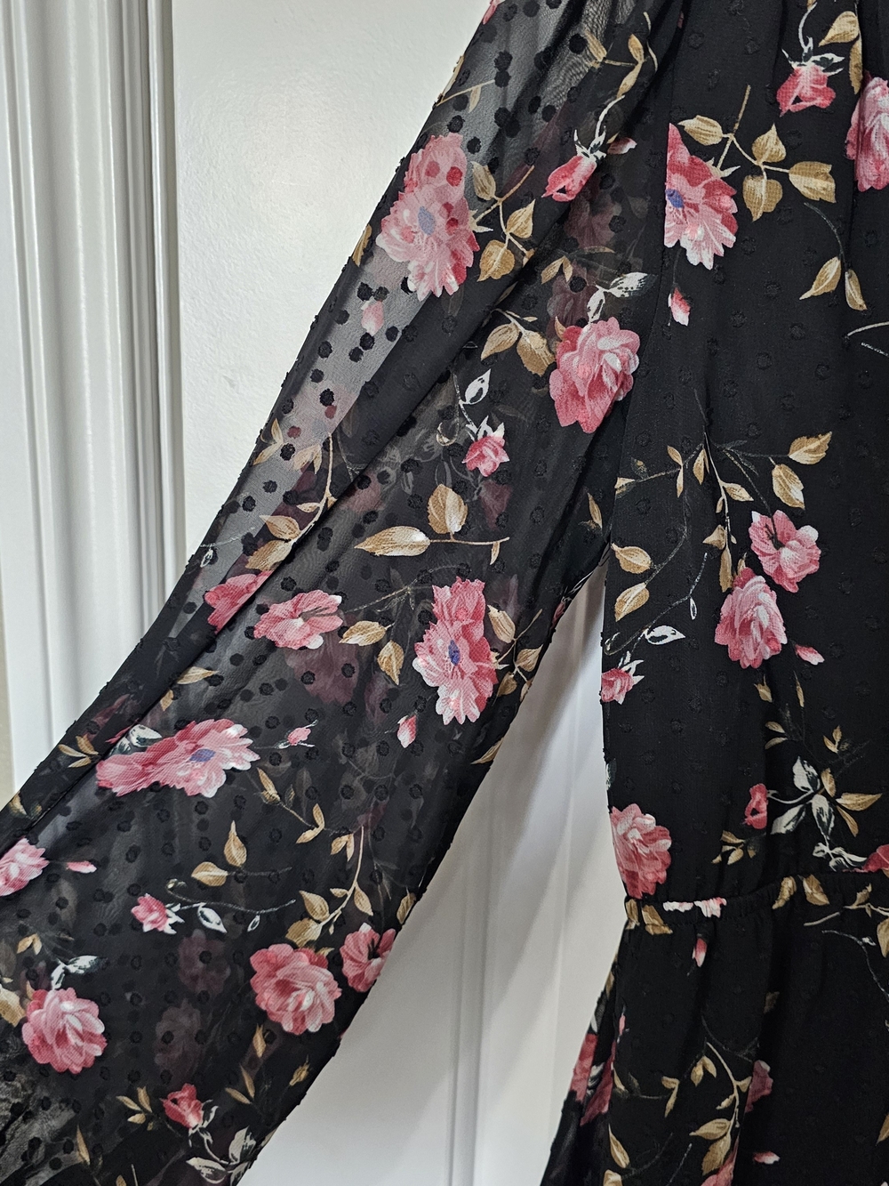 Black Floral V-Neck Tunic Dress with Pink Roses - Picture 4 of 5